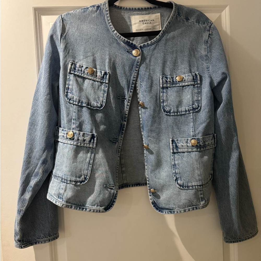 American Eagle Outfitters Light Wash Blue Denim Jacket with Gold Buttons